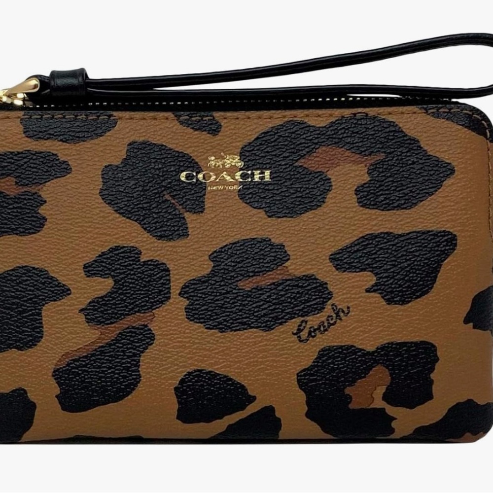 Coach Leopard Print Corner Zip WristletIm/Light Saddle Black,